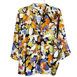 Westbound Womens Floral Flare Bell Sleeve Top M Black Orange Oversize Normcore